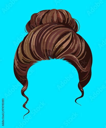 Rear view of a classic brown high bun updo Hairstyle with a full front fringe, a timeless look