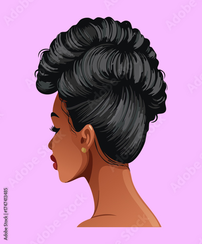 Profile portrait of a woman with a chic and voluminous high bun updo Hairstyle for formal events