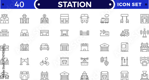 Modern train and subway station Outline icon set with travel, rail, signal, map, and schedule symbols. Perfect for transport, metro, urban commuting, journey planning, and public transit.