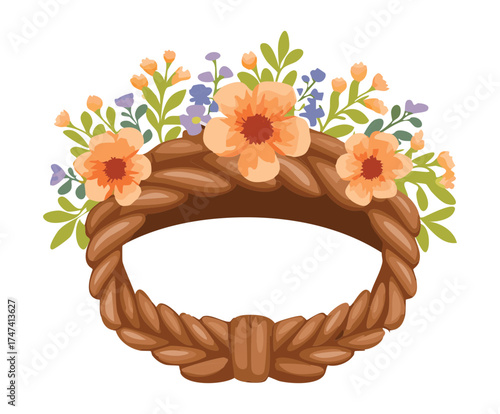 Cartoon floral headband illustration featuring a lush arrangement of autumn flowers and leaves on a round braided frame