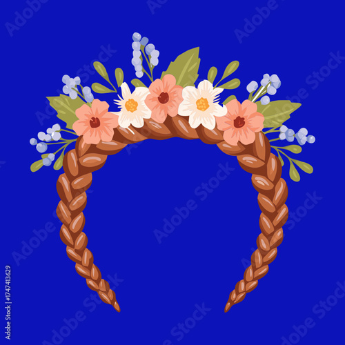 Beautiful braided medium brown hair piece decorated with a colorful, whimsical flower wreath isolated on a bright blue background