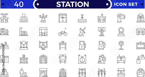 Modern train and subway station Outline icon set with travel, rail, signal, map, and schedule symbols. Perfect for transport, metro, urban commuting, journey planning, and public transit.
