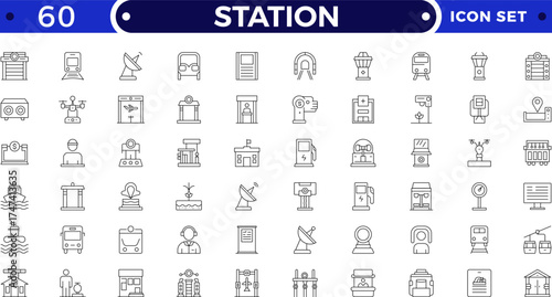 Modern train and subway station Outline icon set with travel, rail, signal, map, and schedule symbols. Perfect for transport, metro, urban commuting, journey planning, and public transit.