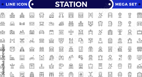 Modern train and subway station Outline icon set with travel, rail, signal, map, and schedule symbols. Perfect for transport, metro, urban commuting, journey planning, and public transit.