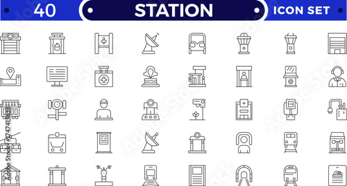 Modern train and subway station Outline icon set with travel, rail, signal, map, and schedule symbols. Perfect for transport, metro, urban commuting, journey planning, and public transit.