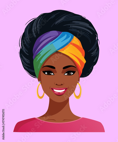 Illustration of a smiling dark-skinned woman wearing a colorful rainbow patterned headwrap, with large gold hoop earrings, front view
