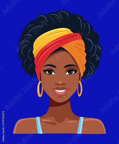 Illustration of a smiling dark-skinned woman wearing a vibrant rainbow patterned headwrap, with large gold hoop earrings