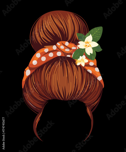 Illustration of a woman's dark brown hair styled in a high bun, wrapped with a red bandana and white floral accent, bohemian style