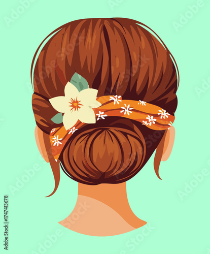 Illustration of a woman's reddish-brown hair styled in a low, loose bun with a white and yellow floral accent, on a green background