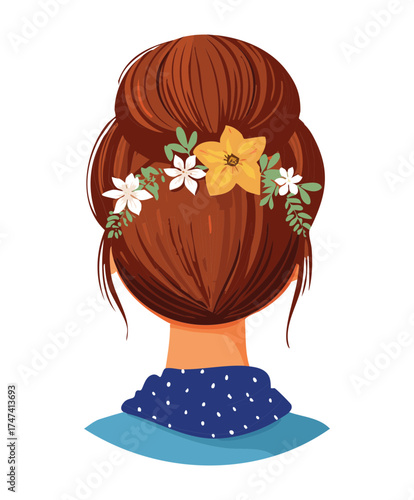 Illustration of a woman's dark brown hair styled in an elegant low bun with a delicate white floral wreath headband, simple style
