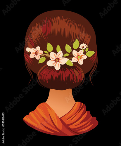 Illustration of a woman's dark brown hair styled in a low bun, adorned with delicate white and red floral accents on black background