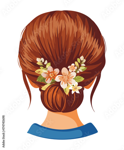 Illustration of a woman's reddish-brown hair styled in a low, intricate, braided bun, perfect for an elegant, formal occasion