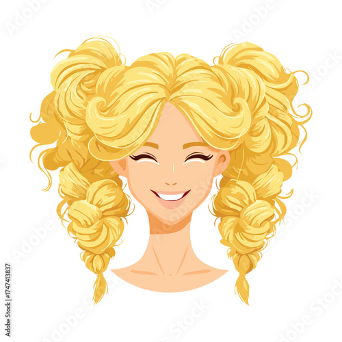 Illustration of a cheerful, curly blonde woman's hair styled in two voluminous pigtails, conveying happiness and fun
