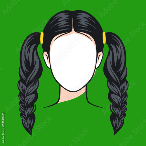 Illustration of a woman's dark black hair styled in two high, voluminous pigtails, set against a vibrant green background