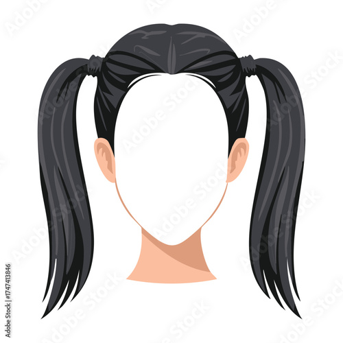 Illustration of a woman's long, black hair styled in two high, voluminous, simple pigtails, perfect for a sporty style