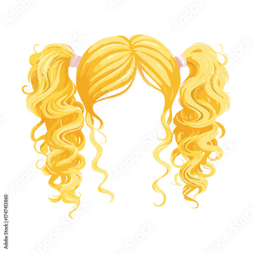 Illustration of a woman's curly blonde hair styled in two high, voluminous pigtails, conveying a cheerful, sporty look