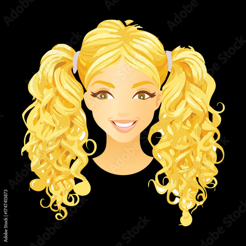 Illustration of a smiling girl's long, curly blonde hair styled in two voluminous, playful pigtails with black background
