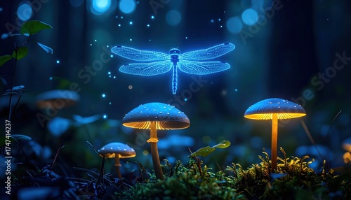 Illuminated mushroom forest scene features a glowing blue dragonfly hovering above several mushroom caps radiating warm golden light, surrounded by lush vegetation and a magical, ethereal ambiance.