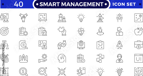 Smart management and organization icon set featuring planning, teamwork, leadership, HR, and project strategy symbols. Ideal for corporate, business, training, workflow, and productivity designs.