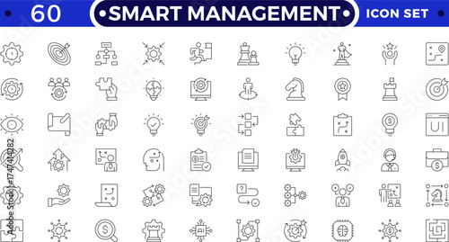 Smart management and organization icon set featuring planning, teamwork, leadership, HR, and project strategy symbols. Ideal for corporate, business, training, workflow, and productivity designs.