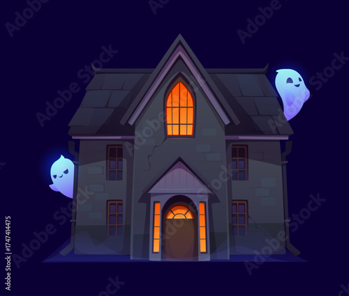 Cartoon Halloween house with ghosts. Cute spooky vector monsters flying around dark castle in fog. Scary home with orange light in window and cracks on wall. Mystery abandoned house