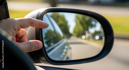 Driver adjusts side mirror for enhanced road safety on a sunny street while in motion and commuting