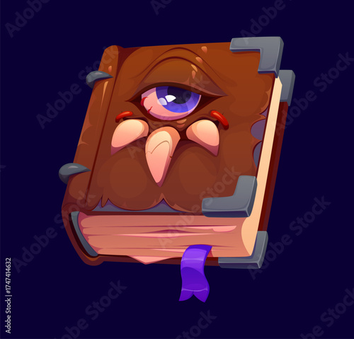 Cartoon Halloween book monster vector character with eye and claws on the brown live cover for Halloween party. Spooky fantasy creepy monster. Old paper wizard library with spell and witchcraft