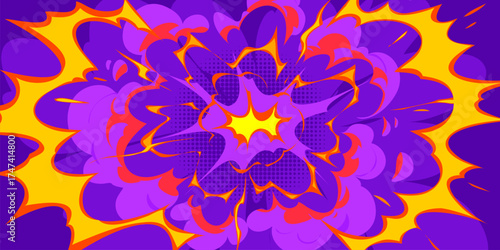Anime manga background with Halloween purple, orange, red and blue comics explosion burst clouds game effect. Cartoon vector pop art impact with motion lines and halftone effect, energetic blast boom