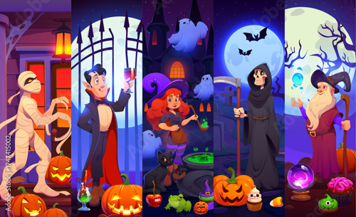 Cartoon Halloween characters collage, vector scary night holiday. Vampire with drink, witch stirring potion, death reaper skeleton with scythe, old wizard and wrapped mummy Halloween characters set