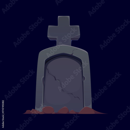 Cartoon Halloween old cemetery gravestone with a cross at the top and cracked stone surface, surrounded by soil and rocks. Vector mysterious tombstone, monument on the grave, tomb stone with cracks