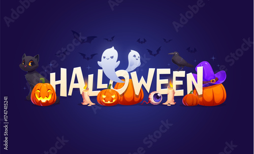Halloween vector banner with glowing carved pumpkin lanterns, spooky black cat, floating white ghosts and burning candles with mysterious night sky. Cartoon vector Halloween party, scary greetings