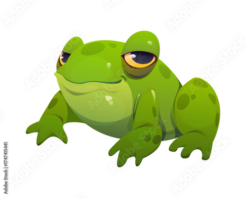 Cartoon Halloween green frog character. Isolated vector cute amphibian animal with a mischievous expression and big yellow eyes. Funny personage for magical children books, or seasonal fantasy games