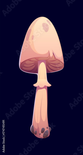 Cartoon Halloween enchanted mushroom with pink beige cap and stem, vector icon. Poisonous toadstool or witch mushroom with mysterious appearance for Halloween holiday and witch magic potion ingredient