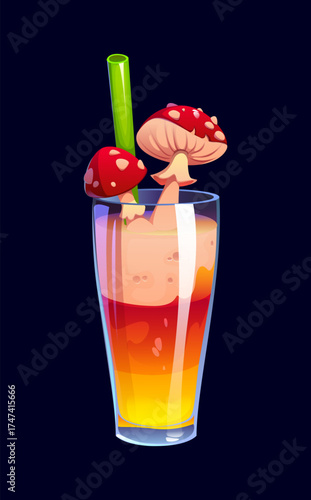 Fantasy Halloween holiday party cocktail filled with orange and red liquid, decorated with red fly agaric mushrooms with white spots on top. Halloween vector cocktail or scary witch potion drink
