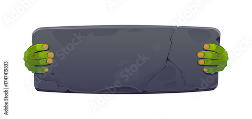 Cartoon Halloween stone board banner held by spooky monster green hands with long nails, vector spooky holidays. Dark rock blank sign board with cracked surface in zombie monster hand, greeting banner
