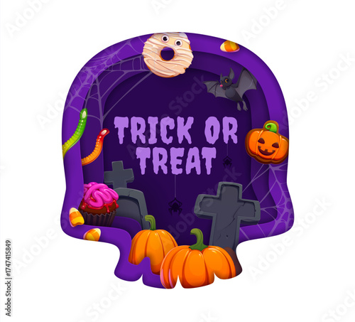 Halloween paper cut banner shaped as skull and decorated with cartoon pumpkins, trick or treat candy, donut, bat, gravestones, spiders and sweets. Vector 3d paper cut skull, Halloween scary monsters