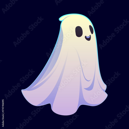 Cartoon spooky and cute Halloween ghost character floating in the air, with a rounded sheet body and cheerful expression. Vector scary friendly white phantom personage wandering in the holiday night