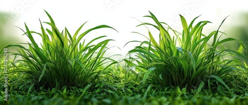 Bright green grass plants with long slender leaves growing amidst dense low ground cover under soft natural light