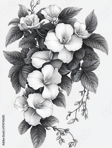 Detailed black and white illustration of blooming flowers surrounded by large textured leaves and delicate buds, creating an elegant and natural composition