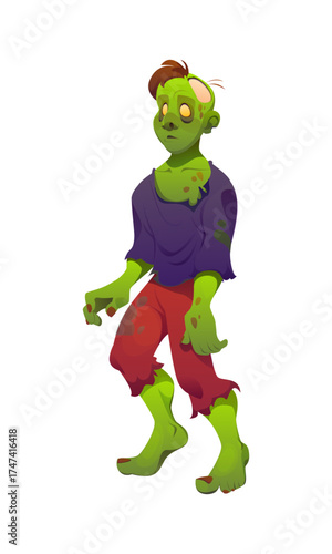 Cartoon zombie scary Halloween character with green skin, sunken eyes and wounds on its body. Isolated vector creepy horror night personage wears torn shirt and ripped pants, and has an exposed brain