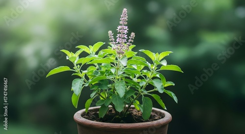 Holy Tulsi Plant in Clay Pot with Green Leaves and Flowers, Concept of Sacred Indian Herb, Hindu Worship, Ayurveda, Spiritual Healing and Cultural Tradition