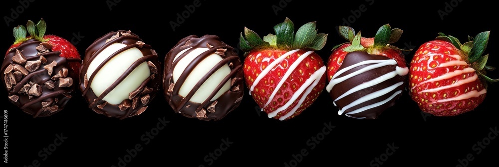 Obraz premium Close-up of fresh strawberries and round chocolate truffles decorated with dark, white chocolate and chocolate chips arranged in a row on a black background