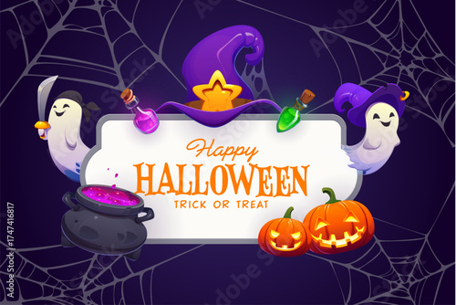 Halloween trick or treat frame greeting card surrounded by glowing pumpkin lanterns, ghosts, cauldron with bubbling potion, spider cobweb, purple witch hat, magic potion bottles and cute vector spooks