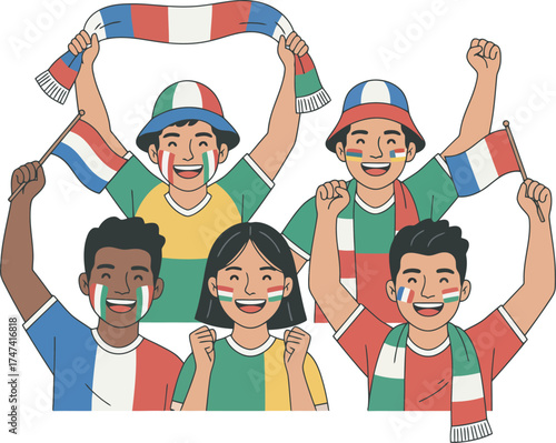 Cheering fans with painted faces and flags celebrate, expressing joy and support for their team.