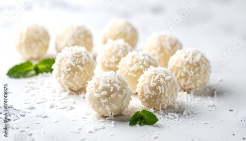White chocolate coconut truffles on a light surface