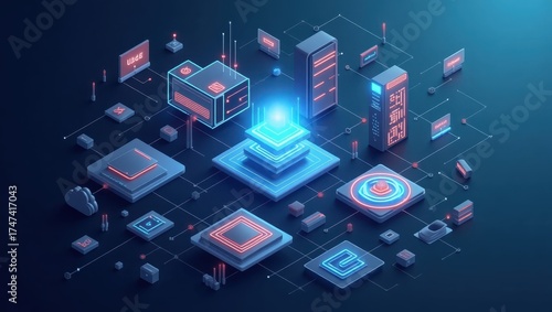 Technological graphic showcasing a network of interconnected digital elements, with glowing lines and vibrant blue and red accents set against a dark background.