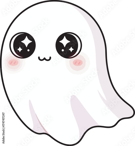 A cute, cartoon-style ghost with big, sparkling eyes and rosy cheeks floats with a happy expression.