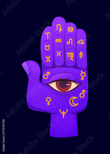 Cartoon Halloween mystical purple hand with all seeing eye on palm, vector icon. Hand with golden mystery signs on fingers or horoscope zodiac symbols for Halloween holiday and occult esoteric
