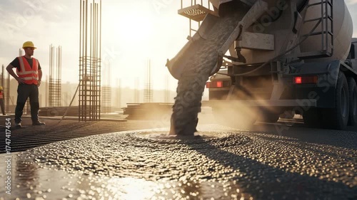 Cement truck pouring concrete at construction site with worker overseeing the process