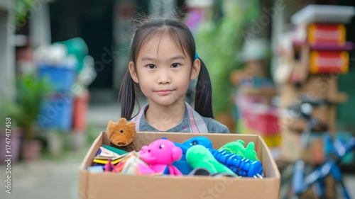 Young girl carries a box of colorful toys while standing outside in a lively market setting